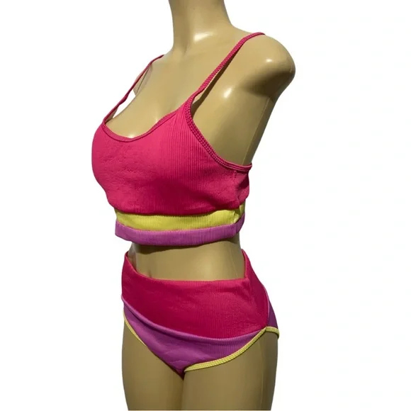 Two Piece Ribbed Adjustable Padded Pink Purple Yellow High-Waist Bikini Set - Picture 4 of 10